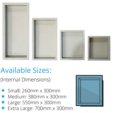 Marmox waterproof shower niches available in multiple sizes for bathroom installations